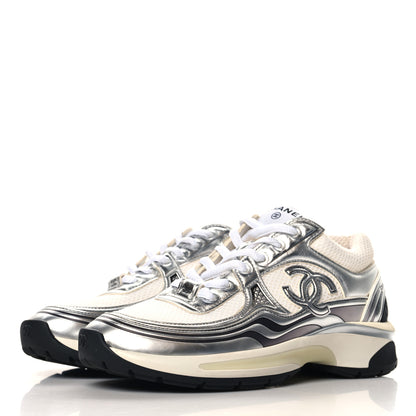 Chanel Fabric Laminated Calfskin Stretch CC Sneakers 37 White Silver 4 of 9