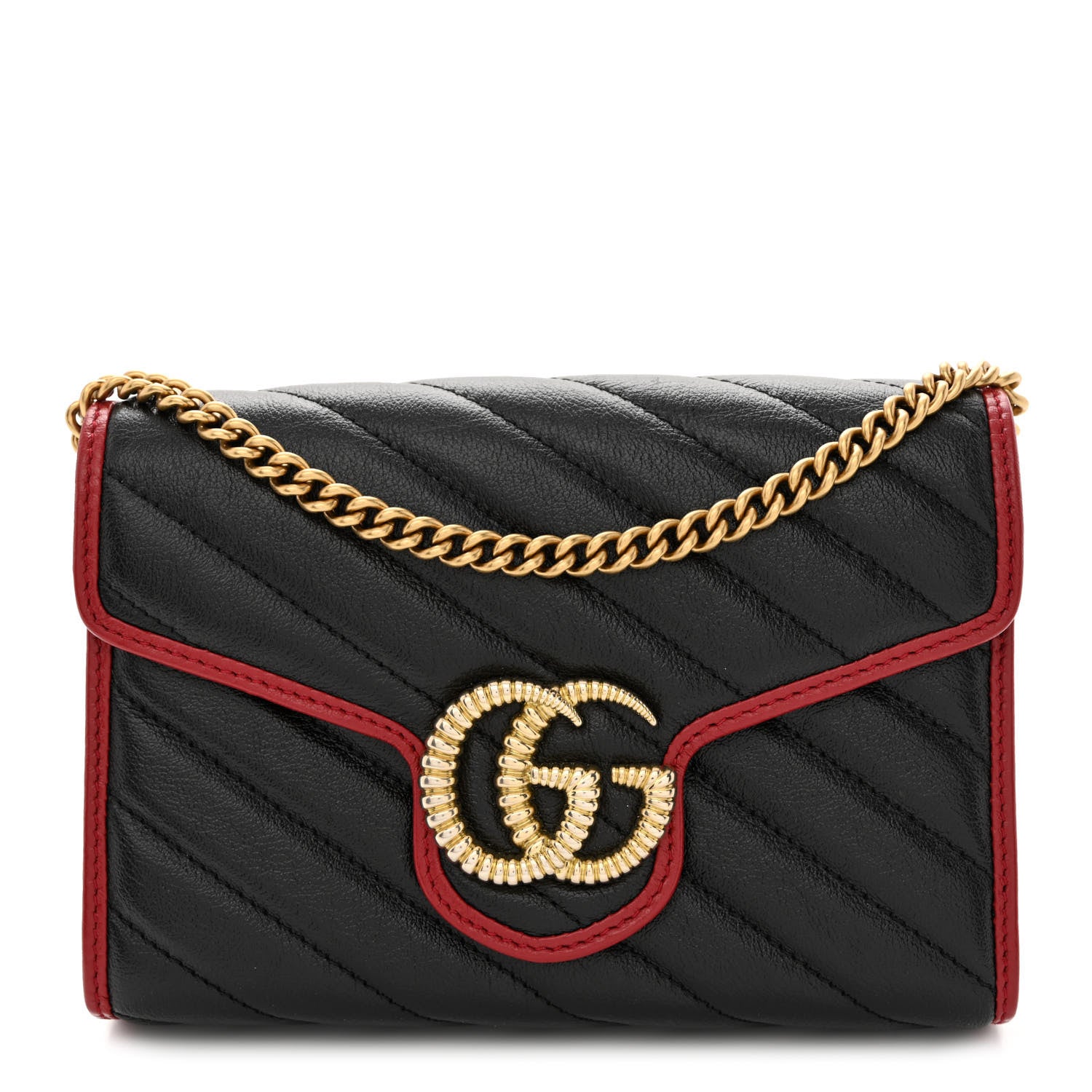 Gucci Vintage Effect Calfskin Matelasse Diagonal Torchon GG Marmont Chain Wallet Black Romantic Cherry 1 of 12