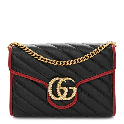 Gucci Vintage Effect Calfskin Matelasse Diagonal Torchon GG Marmont Chain Wallet Black Romantic Cherry 1 of 12