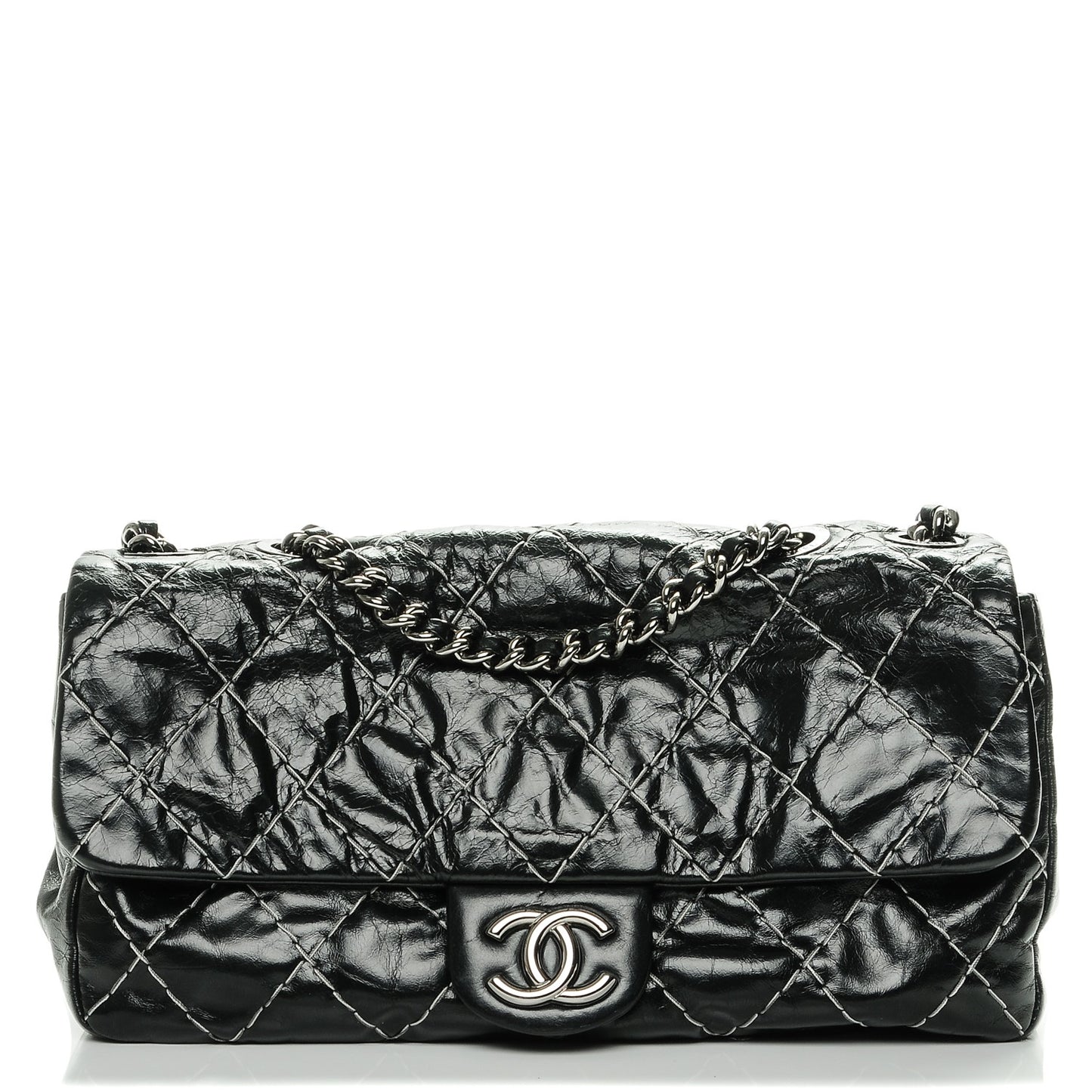 Glazed Goatskin Double Stitch Flap Black