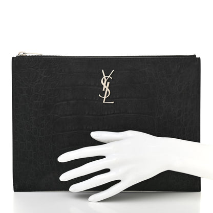 Saint Laurent Calfskin Crocodile Embossed Tablet Pouch Black 2 of 9