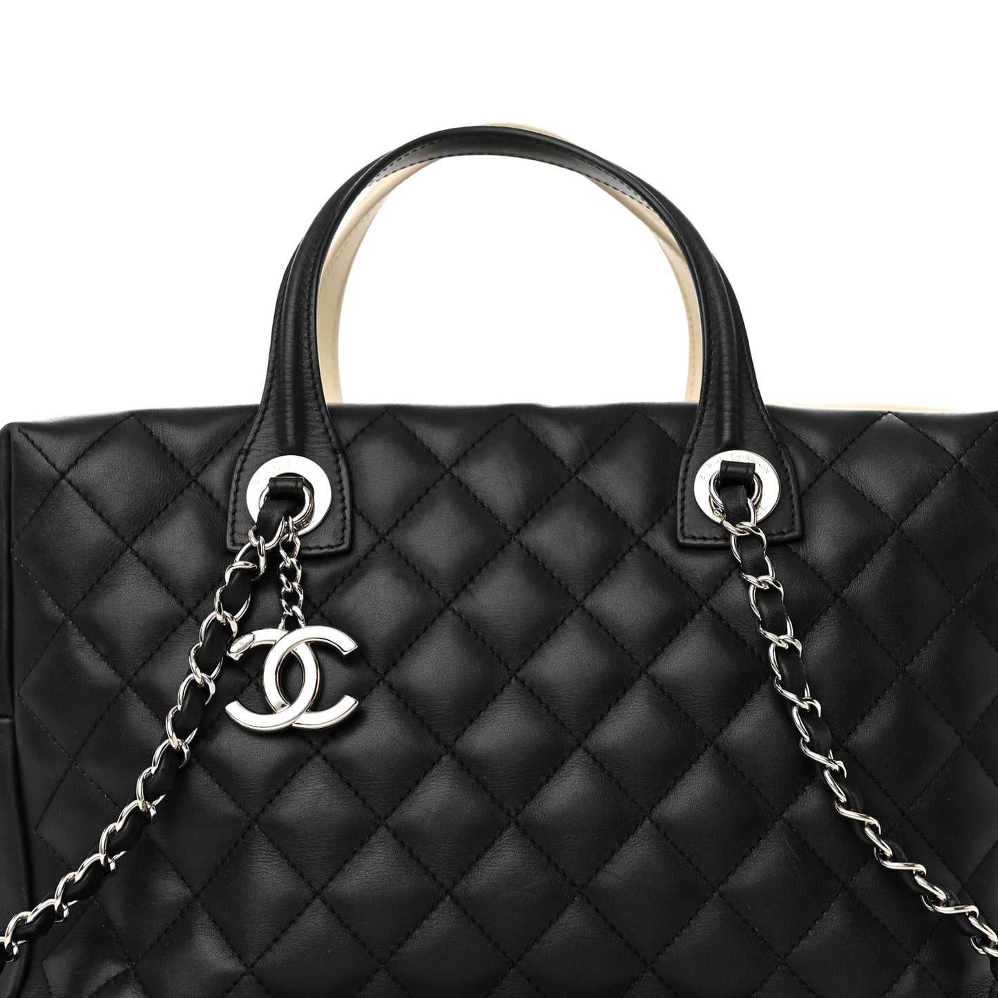Calfskin Quilted Large Feather Weight Bowling Bag Black Ivory