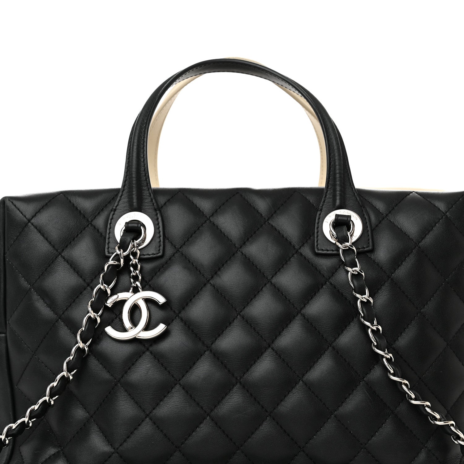 Chanel Calfskin Quilted Large Feather Weight Bowling Bag Black Ivory 8 of 21