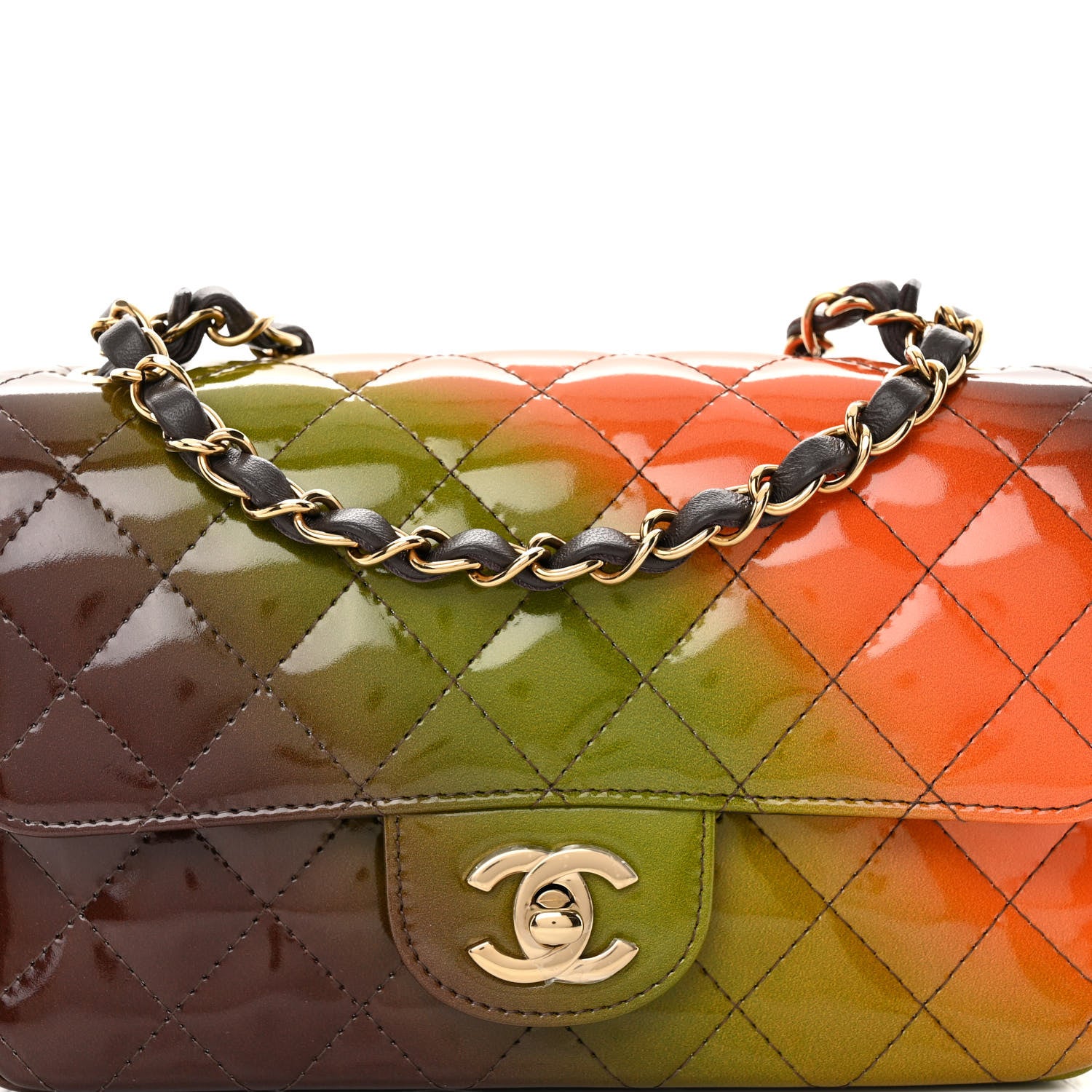 Chanel Shaded Patent Calfskin Quilted Mini Rectangular Flap Green Orange Dark Brown 8 of 10