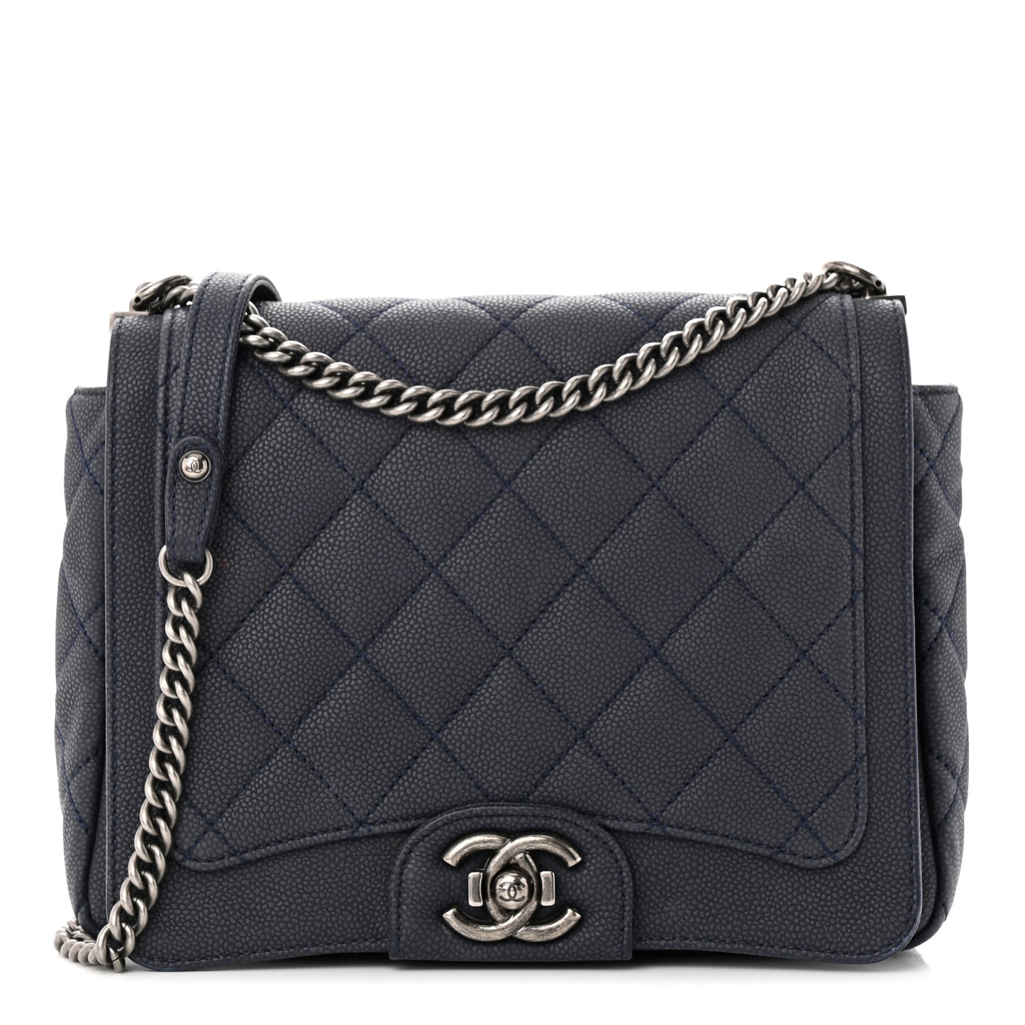 Washed Caviar Quilted Small Square Turn Around Ligne Flap Navy