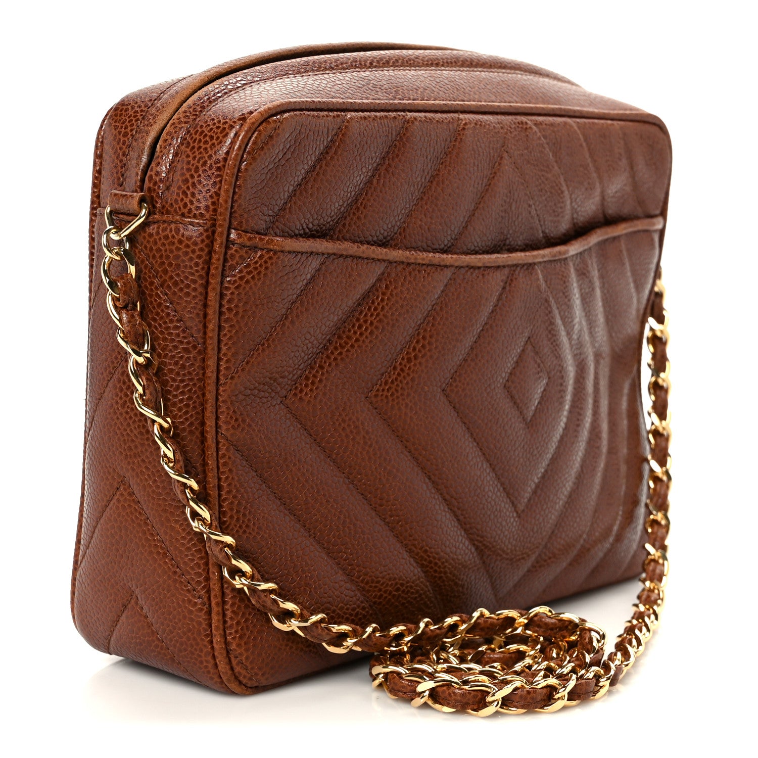 Chanel Caviar Chevron Quilted Tassel Camera Case Brown 3 of 14