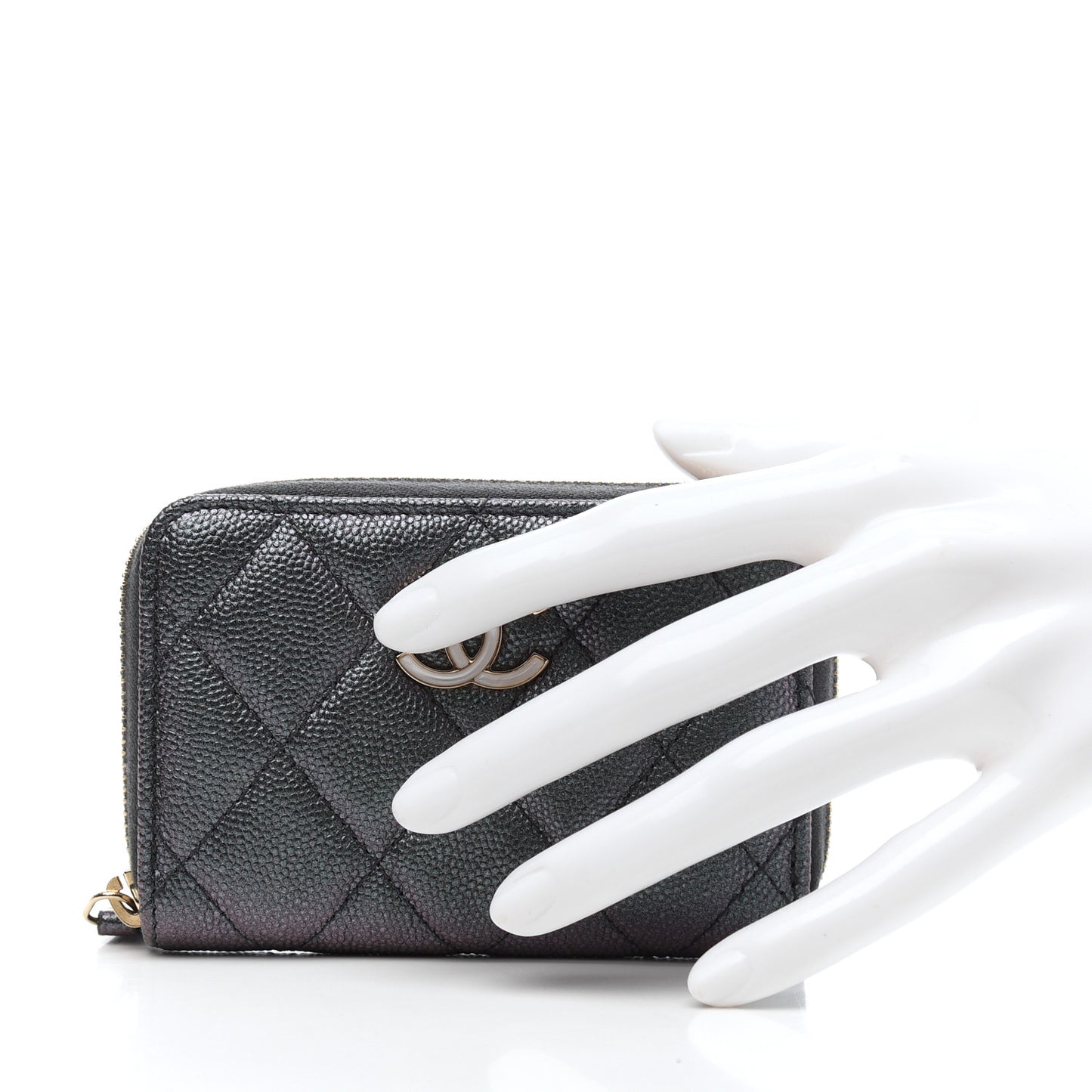Iridescent Caviar Quilted Zip Coin Purse Black