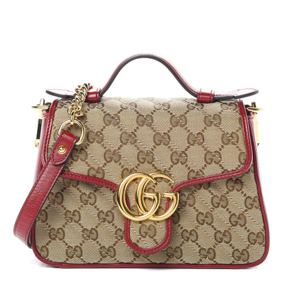 Gucci Monogram Glazed Calfskin Matelasse Diagonal Mini GG Marmont Top Handle Shoulder Bag Beige Ebony New Cherry Red 1 of 10