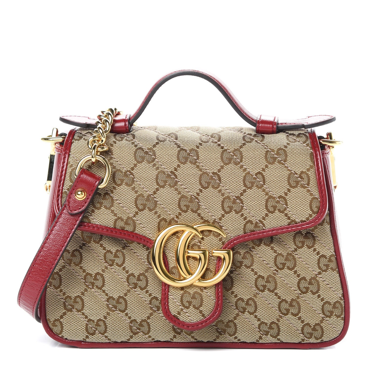 Gucci Monogram Glazed Calfskin Matelasse Diagonal Mini GG Marmont Top Handle Shoulder Bag Beige Ebony New Cherry Red 1 of 10