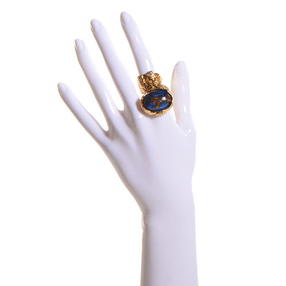 Saint Laurent Glass Cabochon Arty Ovale Ring 7 Blue Gold 2 of 5
