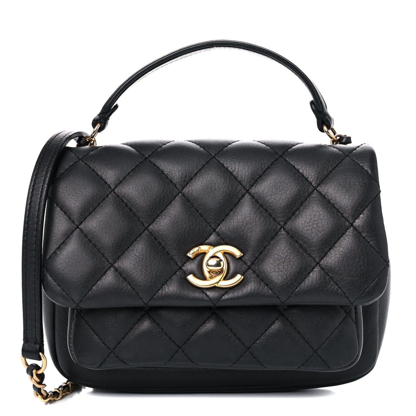 Calfskin Quilted Top Handle Flap Black