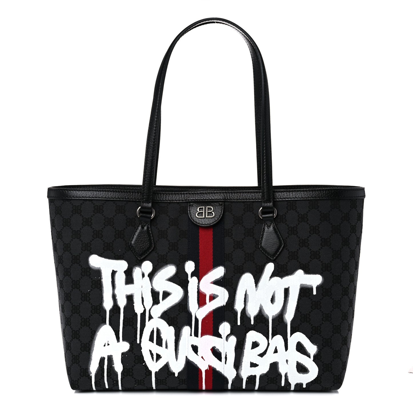 X BALENCIAGA BB Monogram Web Graffiti Medium Ophidia Shopping Tote Black