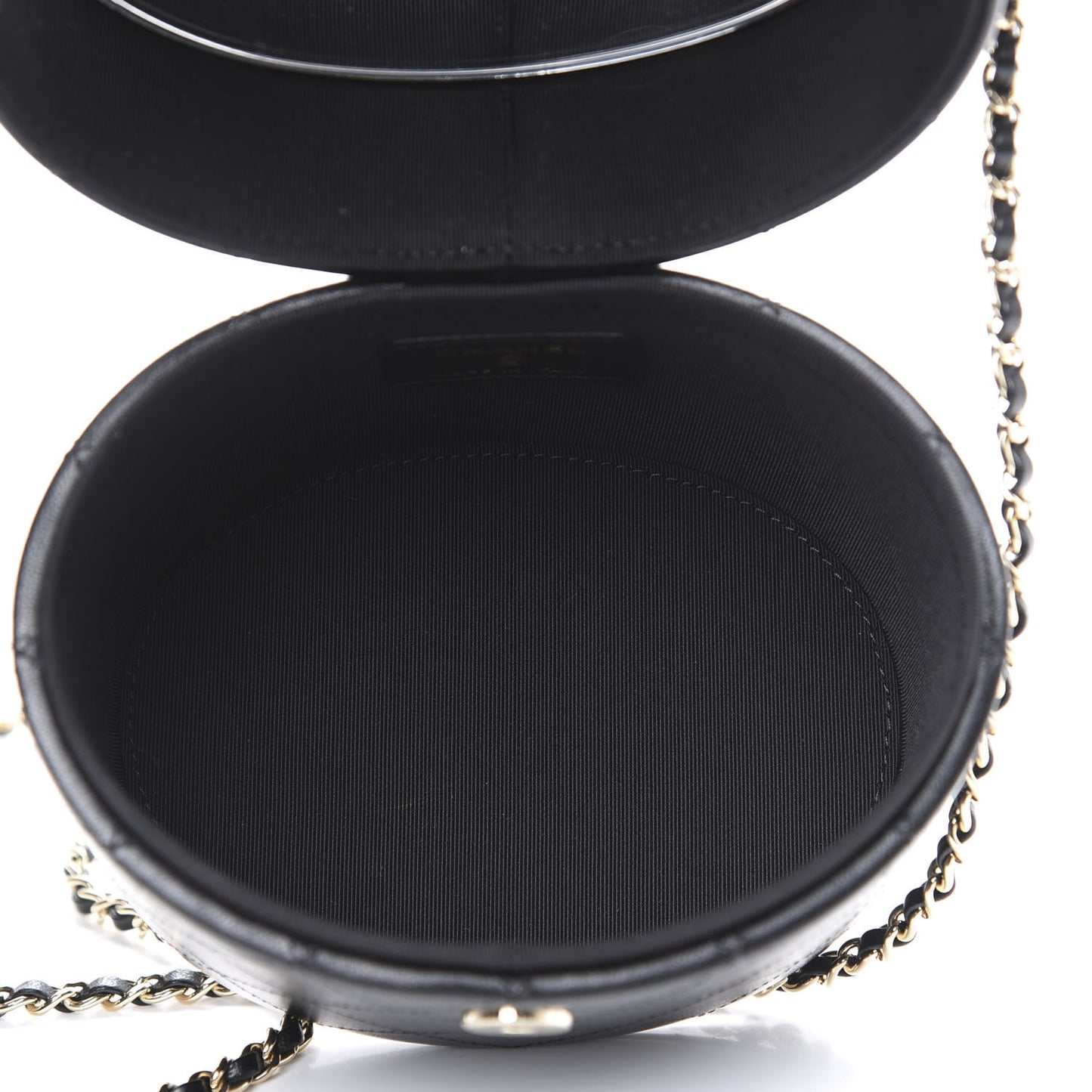 Lambskin Quilted Round Vanity Case With Chain Black