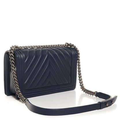 Chanel Lambskin Chevron Quilted New Medium Boy Flap Dark Navy Blue 3 of 9