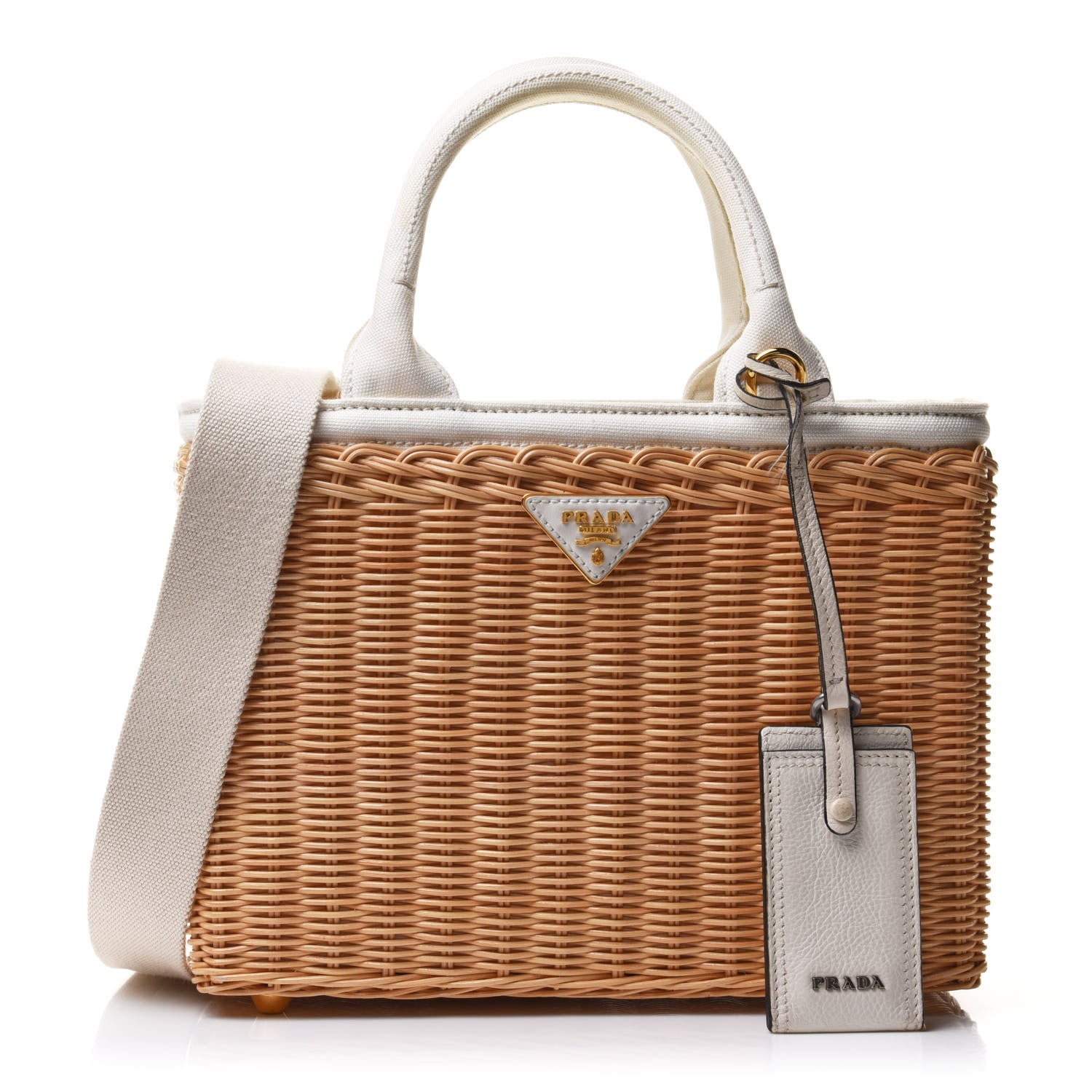 Prada Canvas Wicker Shoulder Bag White Tan 1 of 16