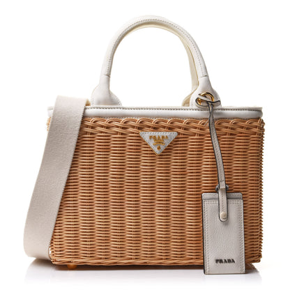 Prada Canvas Wicker Shoulder Bag White Tan 1 of 16