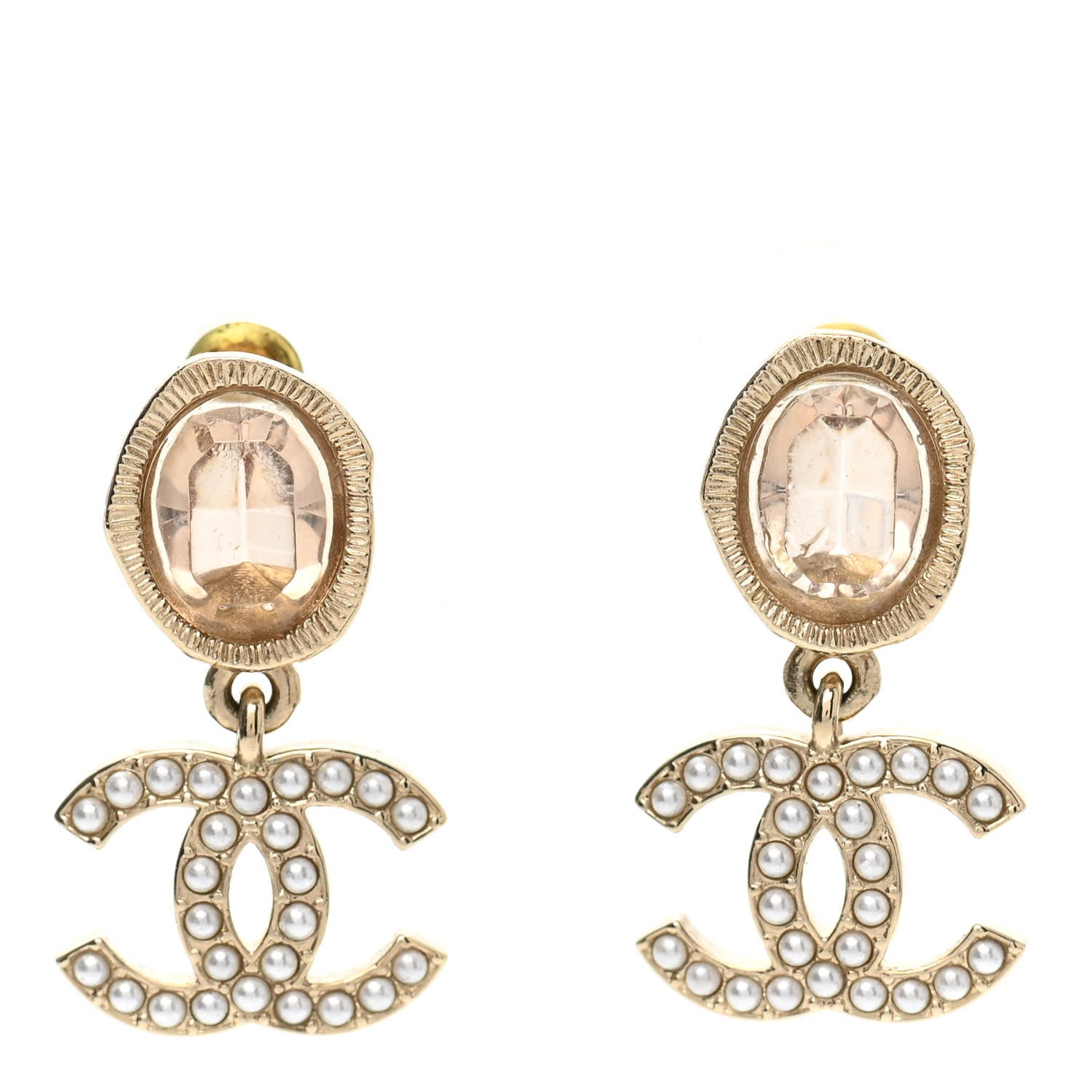 Chanel Crystal Pearl CC Drop Earrings Gold Pink 1 of 4