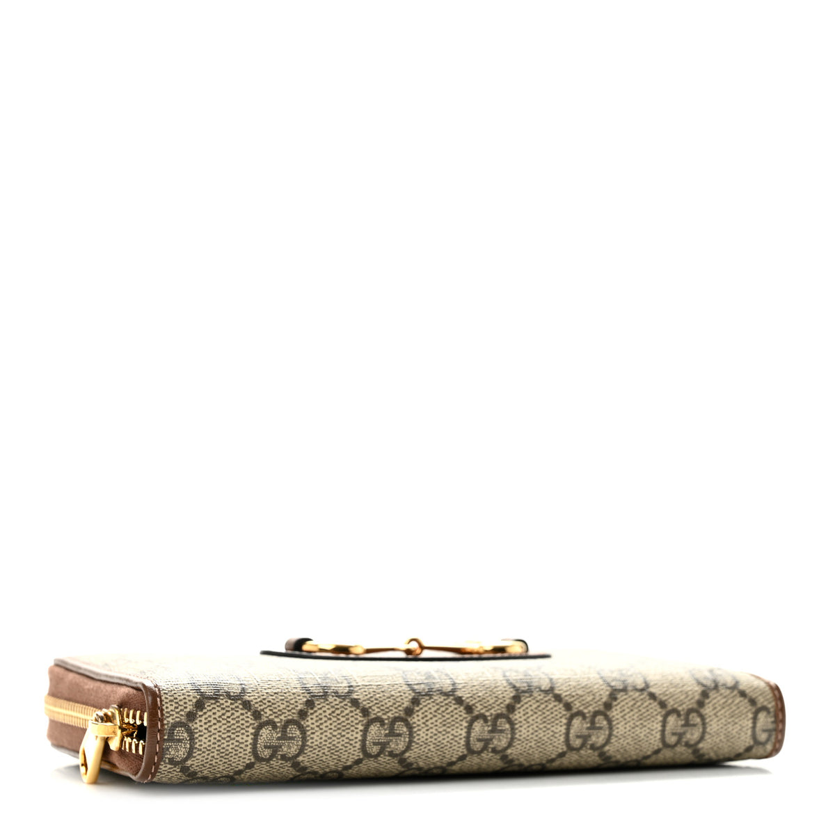 GG Supreme Monogram Azalea Calfskin Horsebit 1955 Zip Around Wallet Beige Ebony Brown Sugar