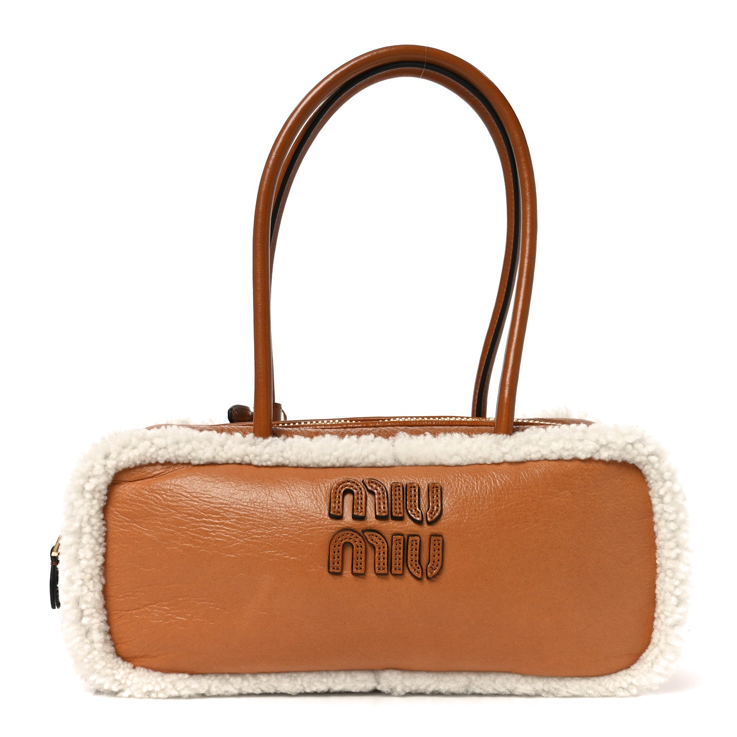 Miu Miu Shearling Calfskin Arcadie Top Handle Bag Cognac 1879313