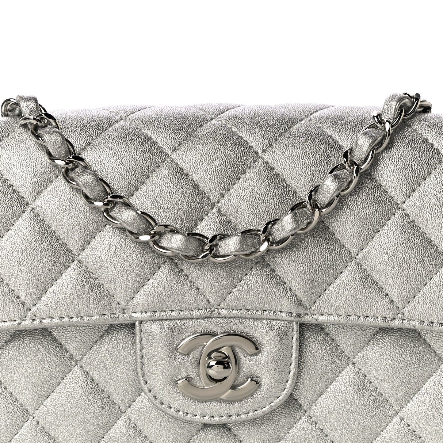 Metallic Lambskin Quilted Mini Rectangular Flap Silver