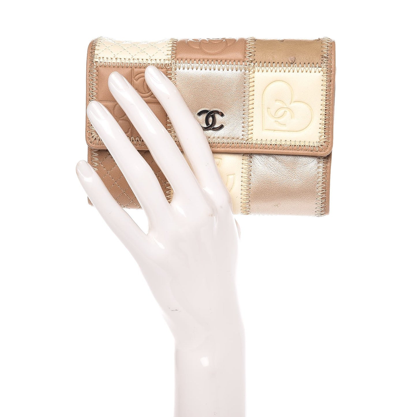 Lambskin Ostrich Pony Hair Patchwork Precious Symbols Small Flap Wallet Beige