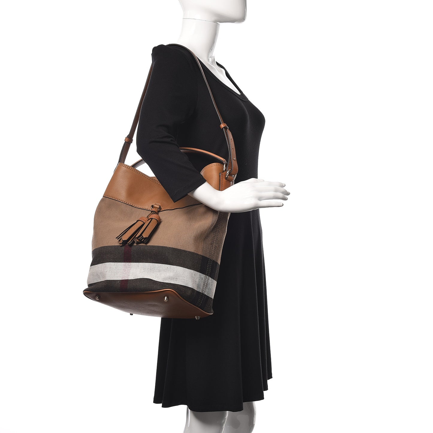 Grainy Calfskin Canvas Mega Check Medium Ashby Tassel Hobo Saddle Brown
