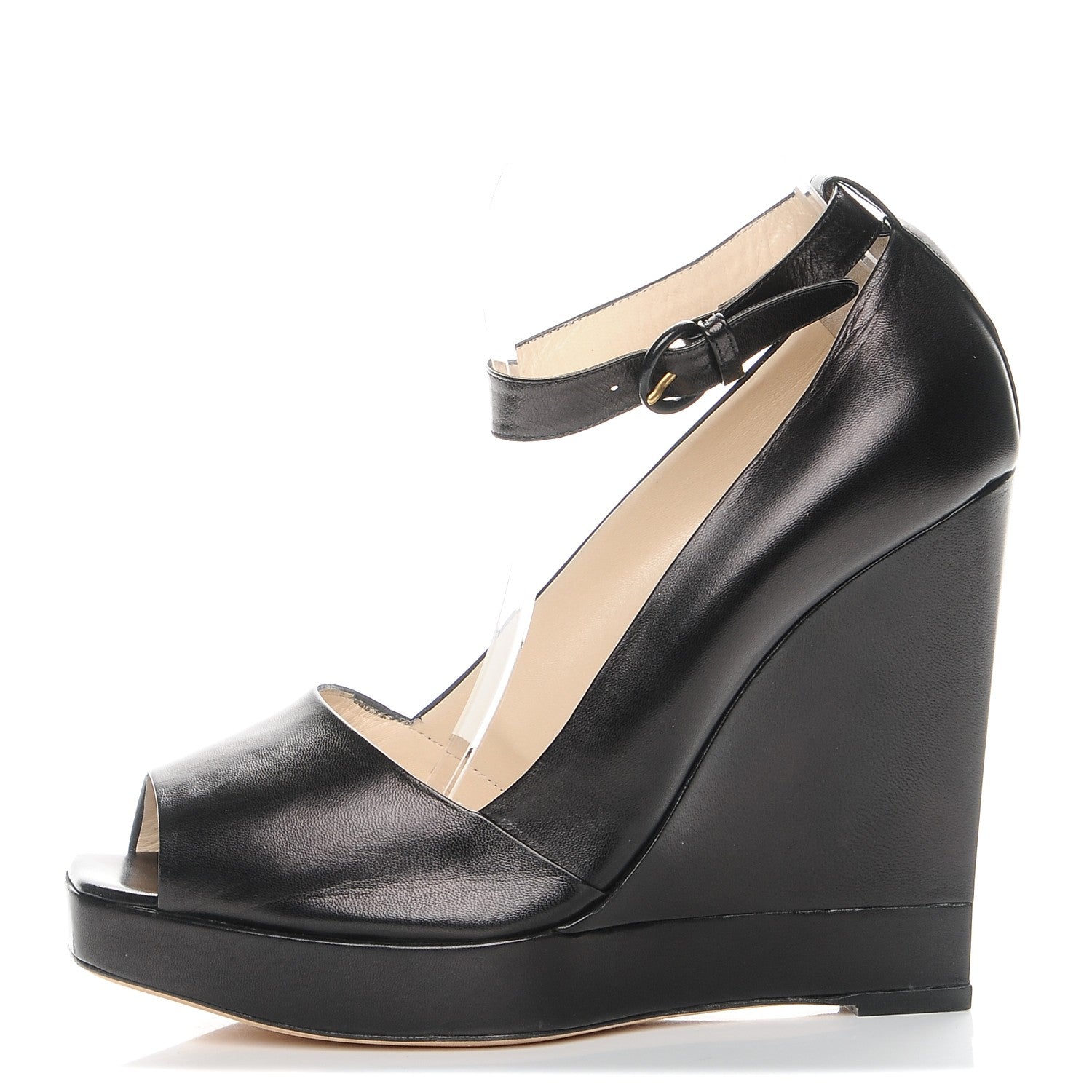 Saint Laurent Calfskin Emma 100 Ankle Strap Peep Toe Wedge 41 Black 1 of 9