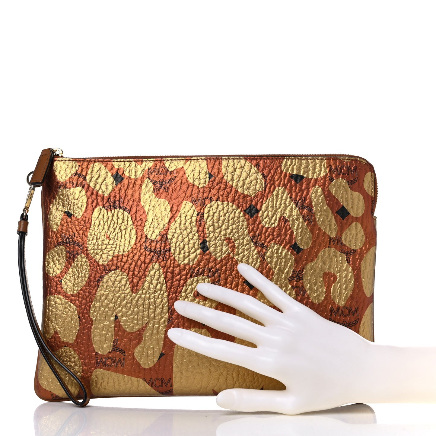 Visetos Metallic Leopard Print Large Stark Wristlet Pouch Cognac