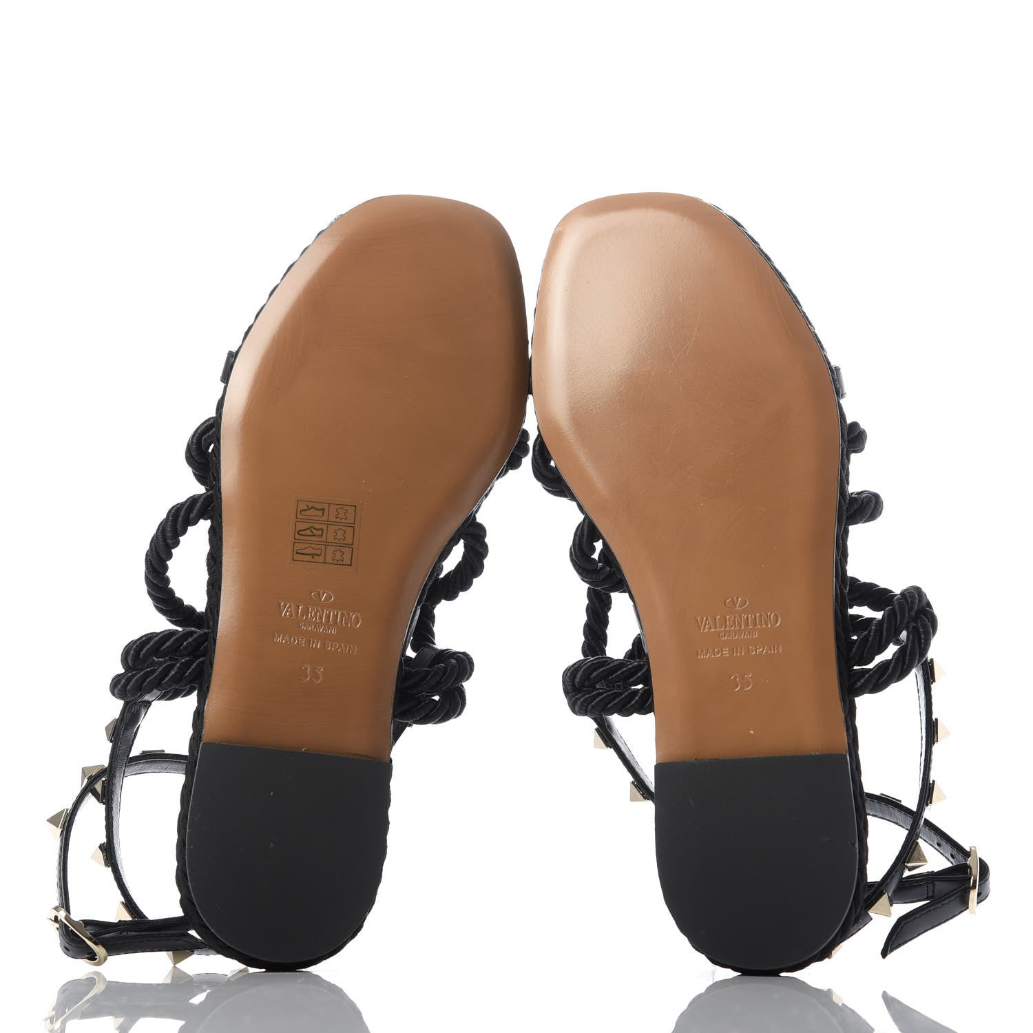 Valentino Garavani Calfskin Rockstud Torchon Rope Espadrille Flat Sandals 35 Black 5 of 10
