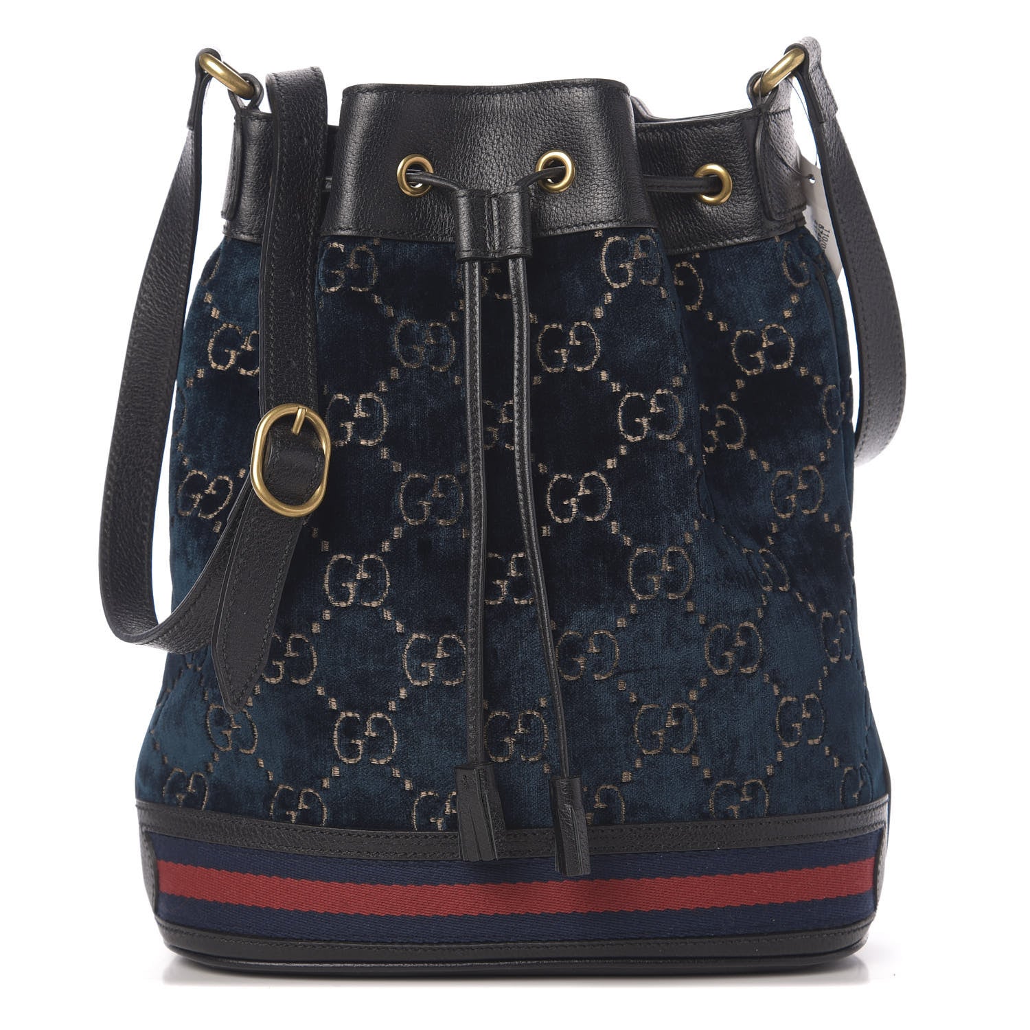 Gucci Velvet GG Monogram Web Bucket Bag Blue Beige 1 of 10