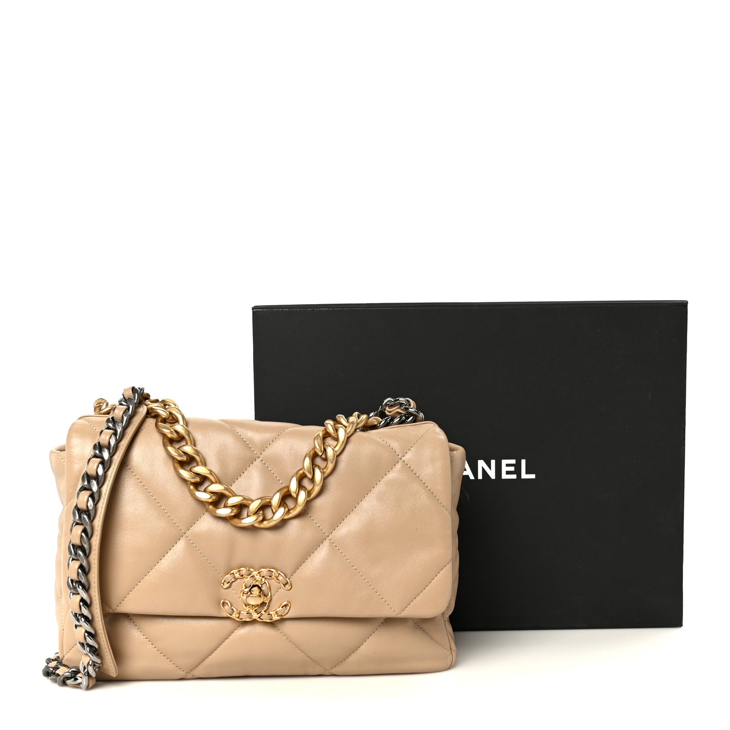 Lambskin Quilted Large Chanel 19 Flap Beige