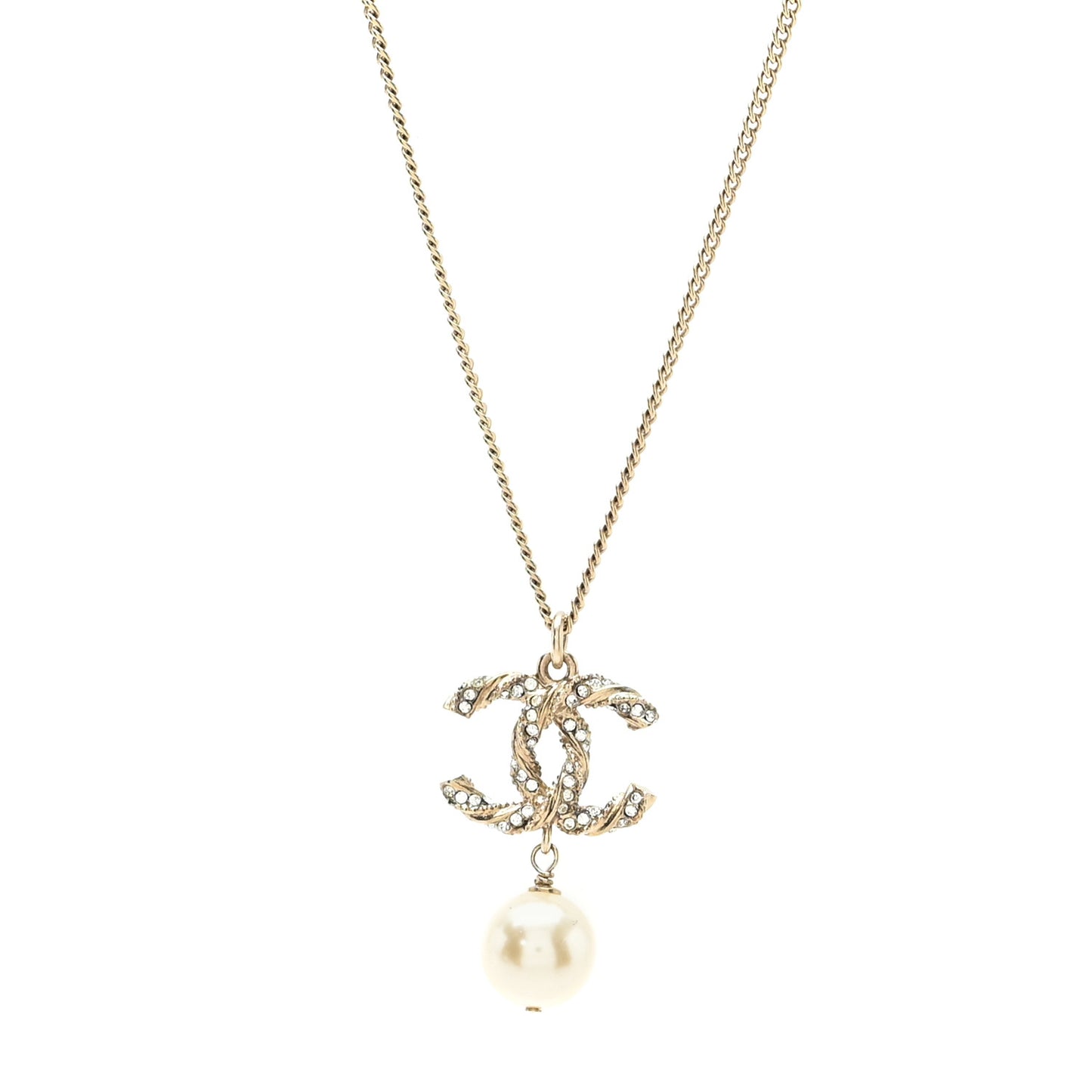 Crystal Pearl Twisted CC Pendant Necklace Gold