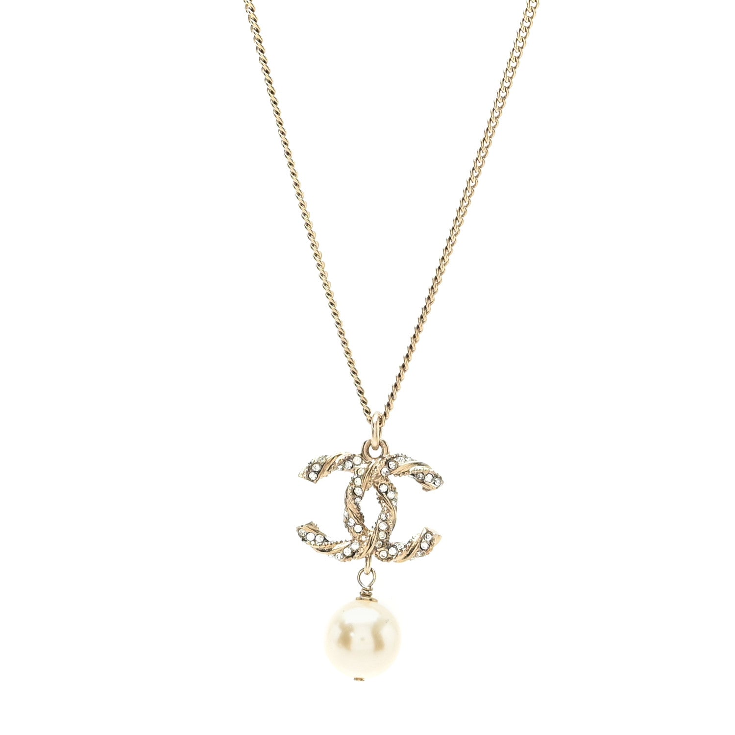 Chanel Crystal Pearl Twisted CC Pendant Necklace Gold 1 of 4