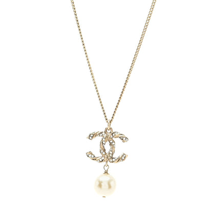 Chanel Crystal Pearl Twisted CC Pendant Necklace Gold 1 of 4