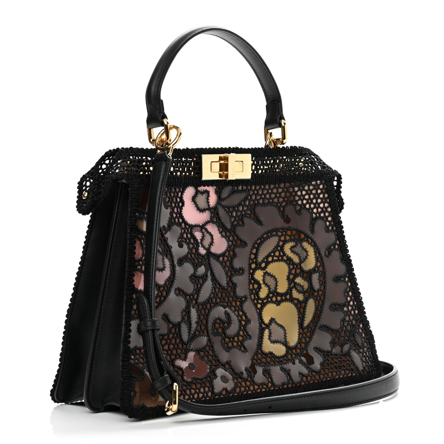 Calfskin Lace Medium Peekaboo I SEE U Satchel Black Multicolor Light Rose