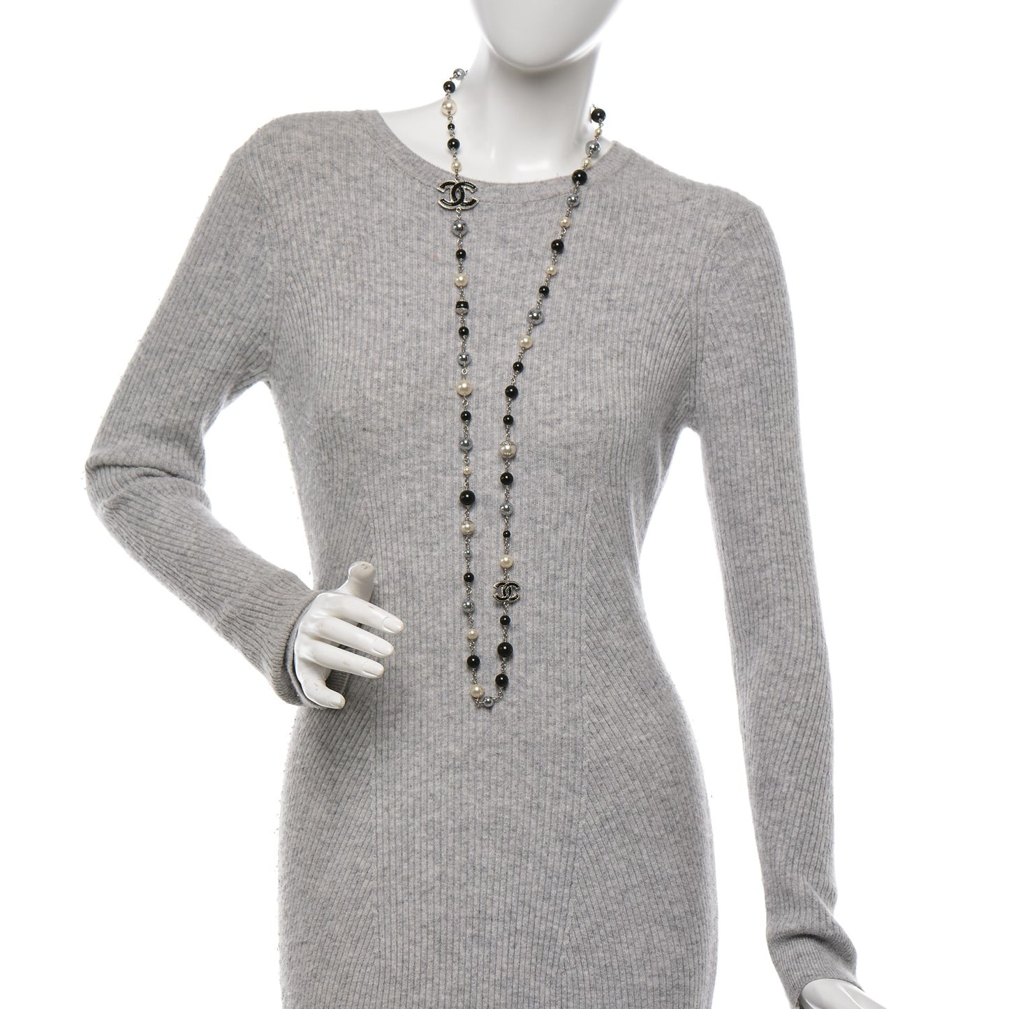 Pearl Bead Enamel CC Long Necklace Silver Black Grey