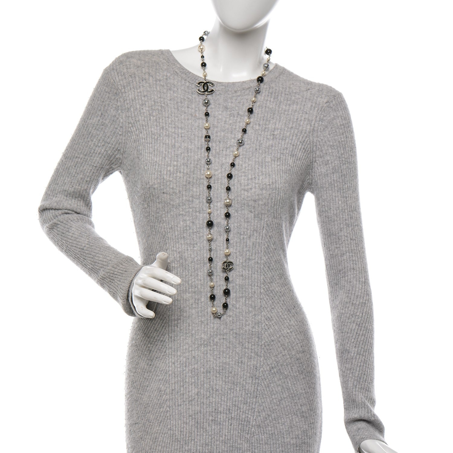 Chanel Pearl Bead Enamel CC Long Necklace Silver Black Grey 2 of 6