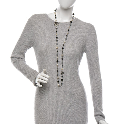 Chanel Pearl Bead Enamel CC Long Necklace Silver Black Grey 2 of 6