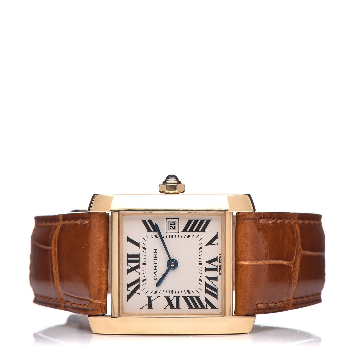 18K Yellow Gold Alligator 25mm Tank Francaise Quartz Watch Brown