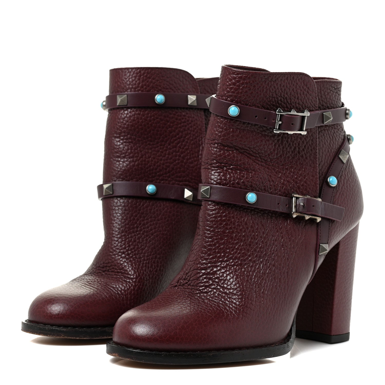 Valentino Garavani Pebbled Calfskin Rockstud Rolling Double Buckle 100mm Block Heel Ankle Boots 37 Rubin 3 of 19