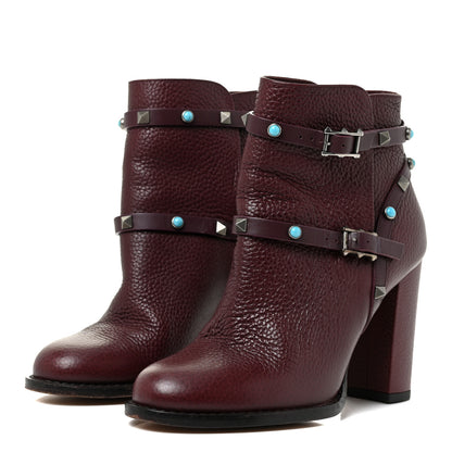 Valentino Garavani Pebbled Calfskin Rockstud Rolling Double Buckle 100mm Block Heel Ankle Boots 37 Rubin 3 of 19