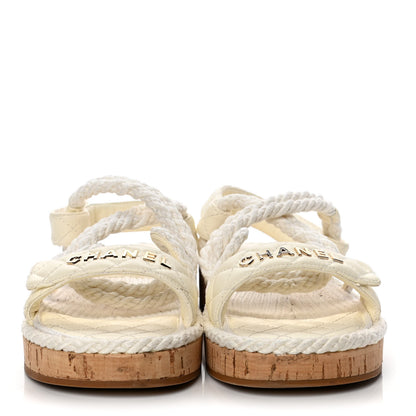 Chanel Cord Lambskin Quilted Logo Sandals 38 Ivory 2 of 11