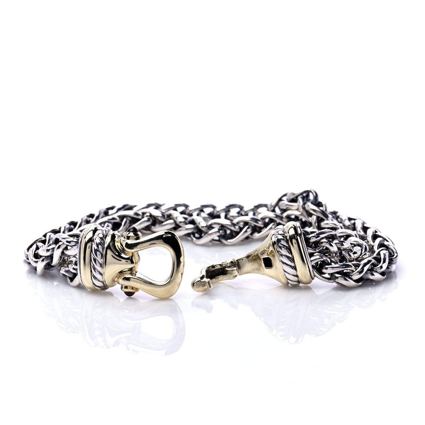 Sterling Silver 14K Yellow Gold Garnet 6mm Double Wheat Buckle Bracelet