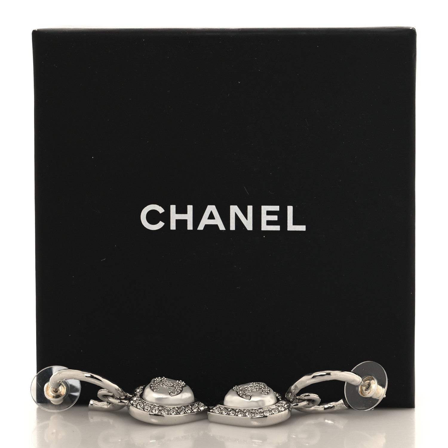 Chanel Pearl Crystal CC Heart Drop Earrings Silver 5 of 5