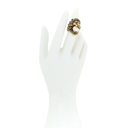 Gucci Metal Glass Pearl Lion Head Ring 49 5 Aged Gold 2 of 5