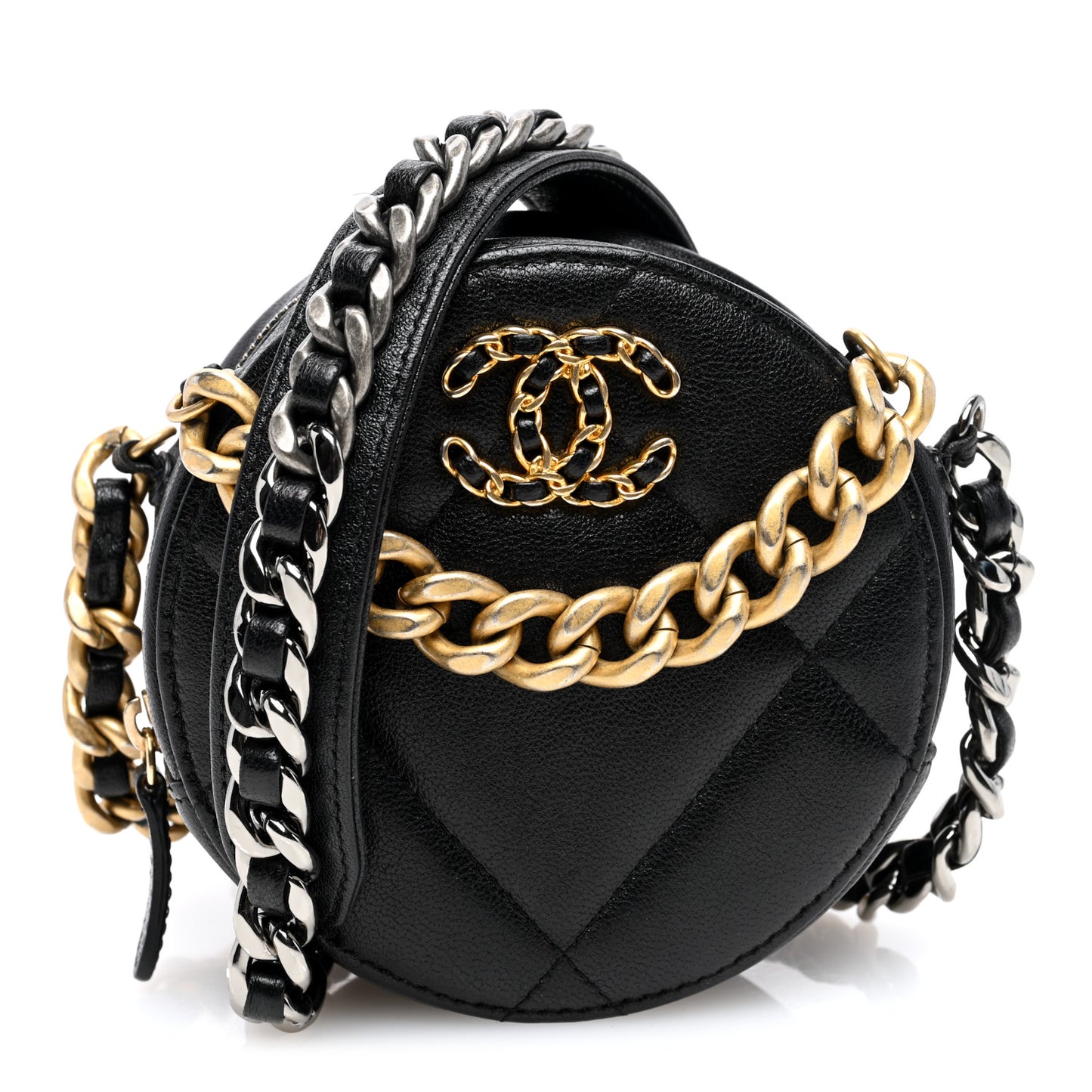 Lambskin Quilted Chanel 19 Round Clutch With Chain Black