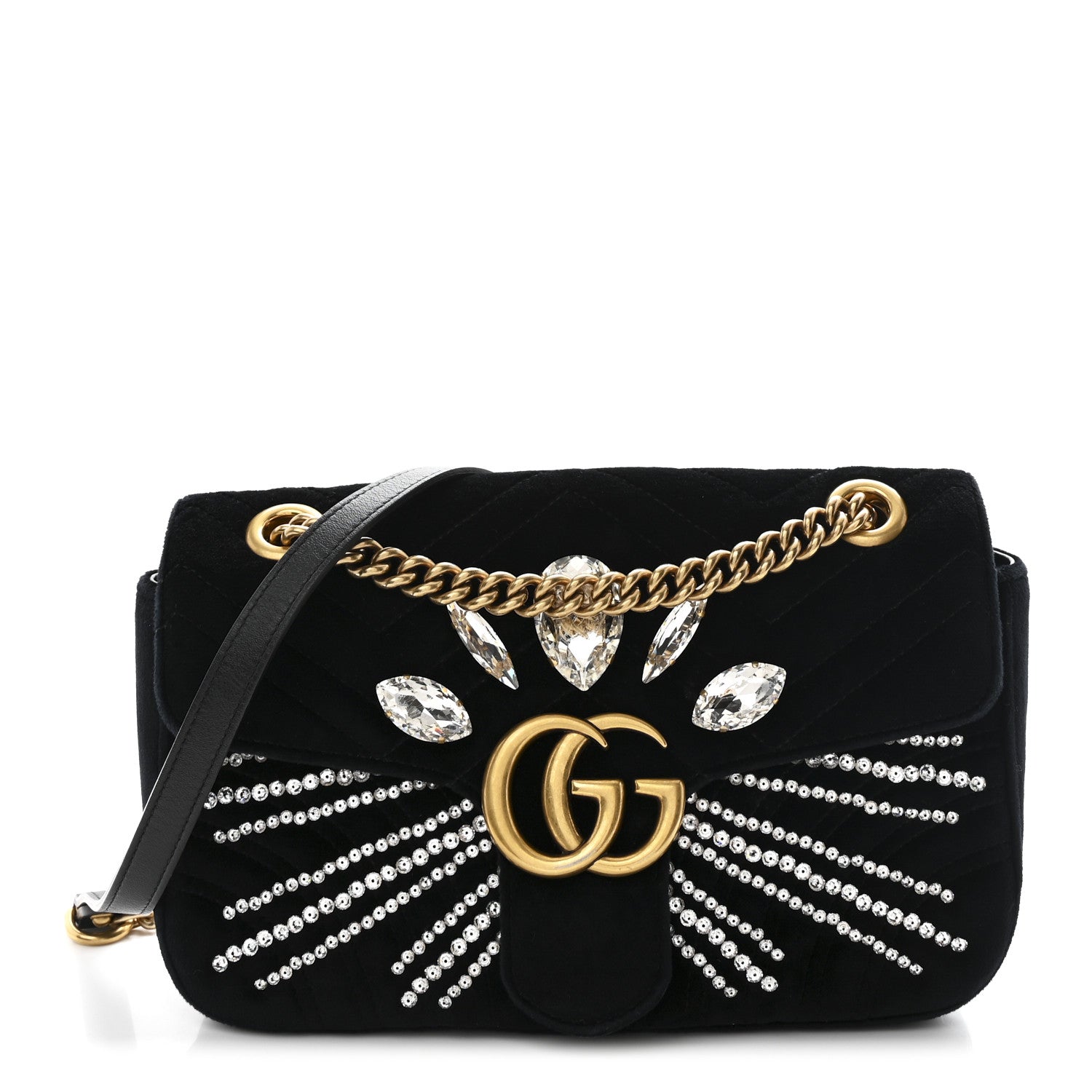 Gucci Velvet Matelasse Marquise Crystals Embroidered Small GG Marmont Shoulder Bag Black 1 of 10