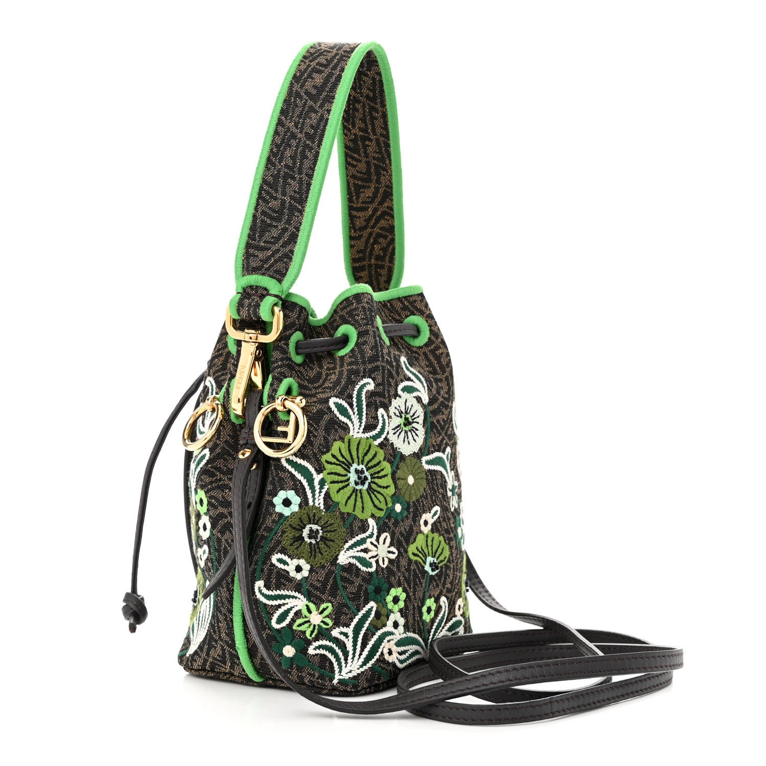 Fendi X SARAH COLEMAN Vitello Grace Fabric Jacquard FF Vertigo Fiori Embroidered Mini Mon Tresor Bucket Bag Tobacco 3 of 10