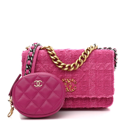 Chanel Wool Tweed Lambskin Quilted Chanel 19 Wallet On Chain WOC and Coin Purse Fuchsia 3 of 13