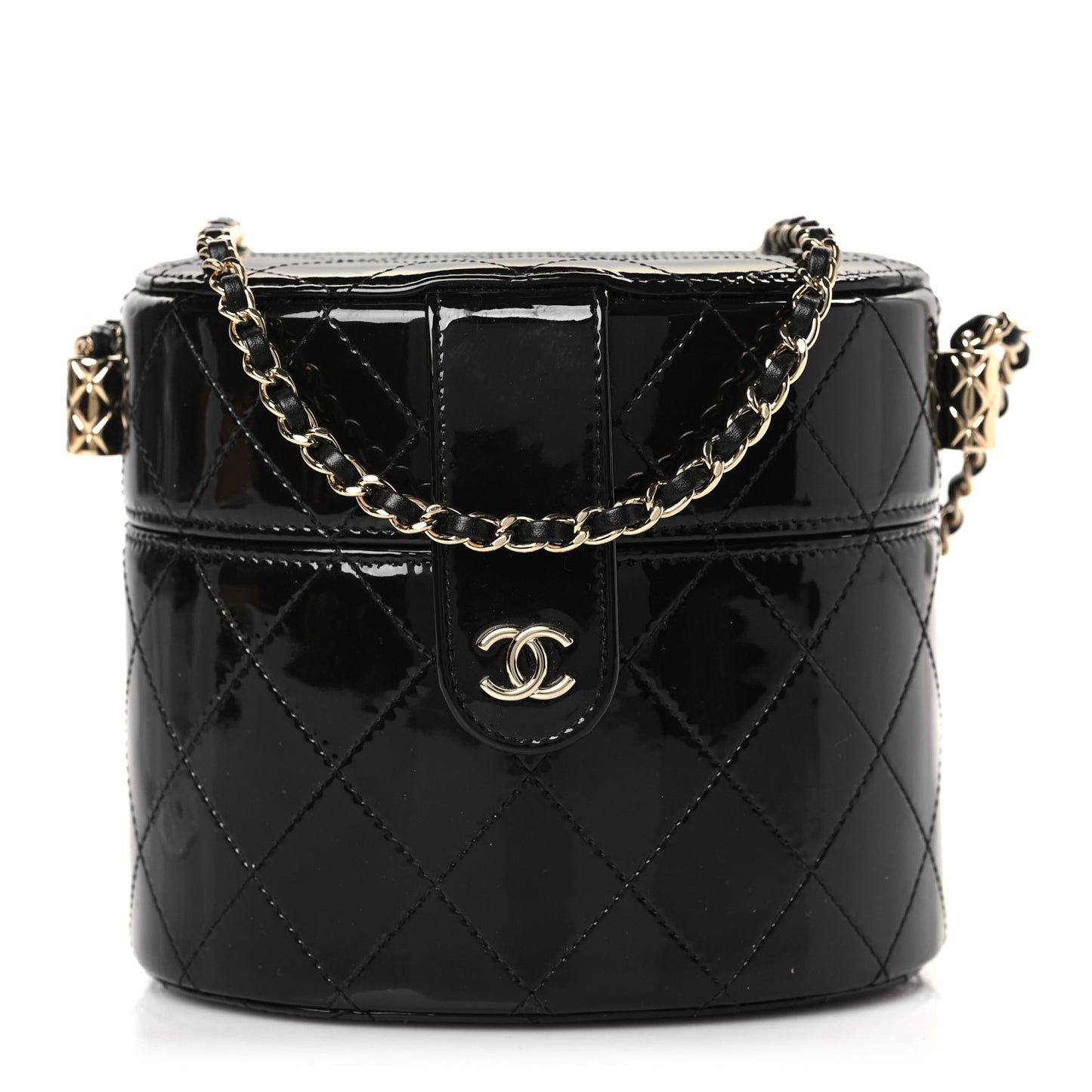 Patent Quilted Round Clutch With Chain Black